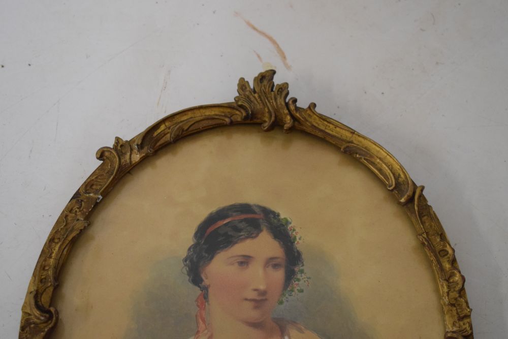 H.E. Hobson - Watercolour - Portrait of lady wearing a shawl, signed and dated 1867, in oval gilt - Image 4 of 6
