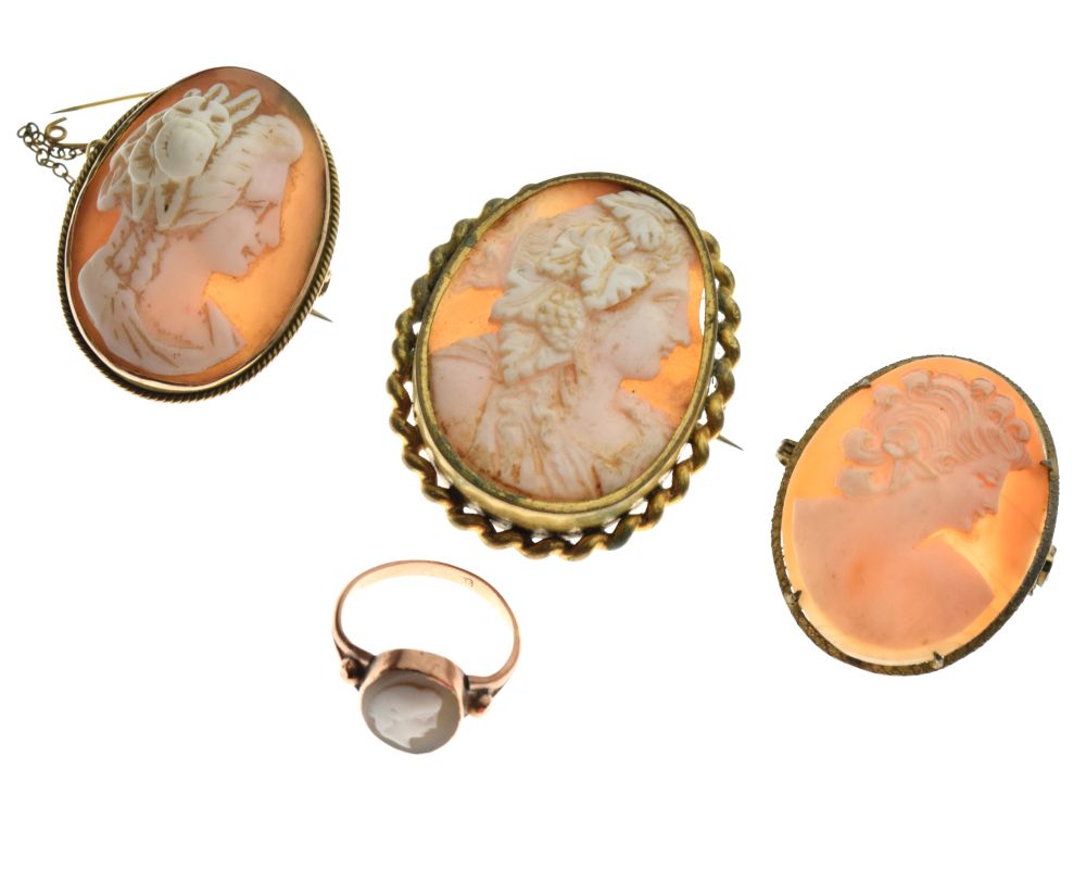 9ct gold cameo mounted dress ring, size N, and three oval cameo brooches