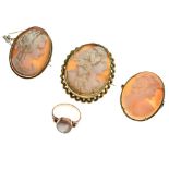 9ct gold cameo mounted dress ring, size N, and three oval cameo brooches