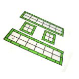 Four green and clear textured leaded glass panels, two square each measuring 34cm x 34cm, the two