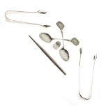 Small collection of silver items to include Georgian pair of sugar tongs, pair of teaspoons with the