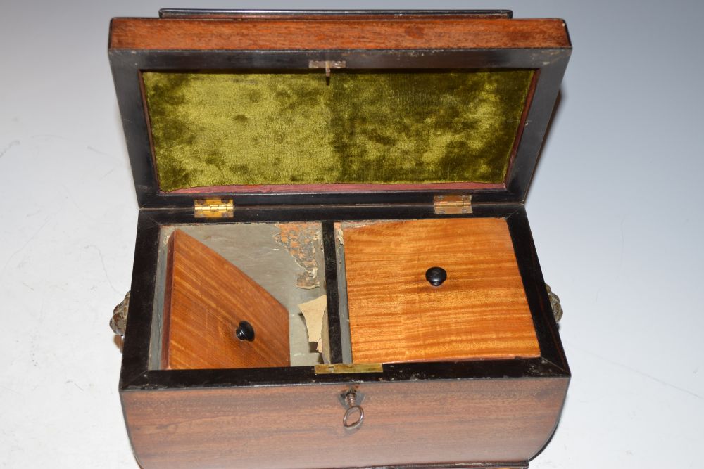 19th Century mahogany sarcophagus shaped two division tea caddy having shell inlaid hinged top on - Image 3 of 4