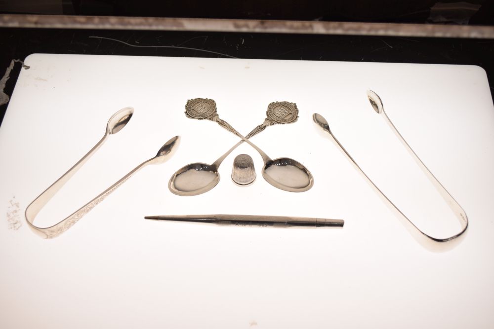 Small collection of silver items to include Georgian pair of sugar tongs, pair of teaspoons with the - Image 2 of 8