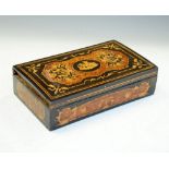 Marquetry table top box having cherub central decoration, 6cm x 22cm wide