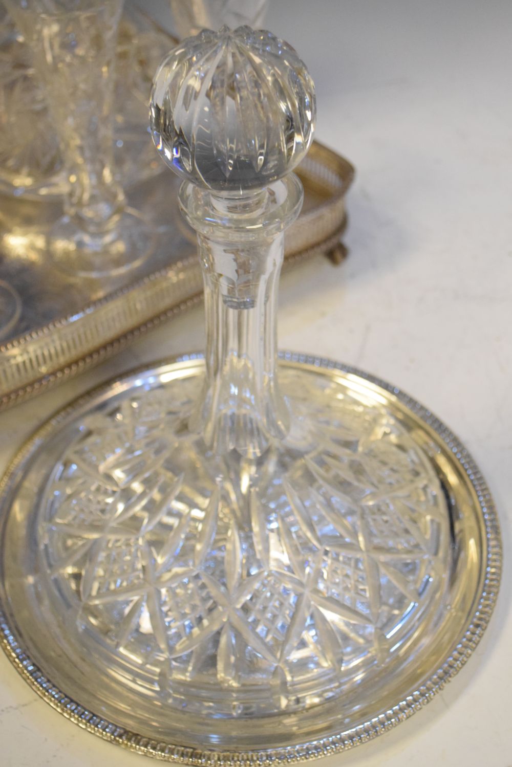 Good quality cut glass silver-plated carafe, two ships decanters, table glass and two silver- - Image 4 of 7