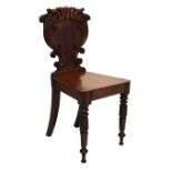 19th Century mahogany hard seat hall chair having rococo scroll carved back