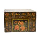 Pained pine chest, the front with chinoiserie decoration against an ebonised ground, having hinged