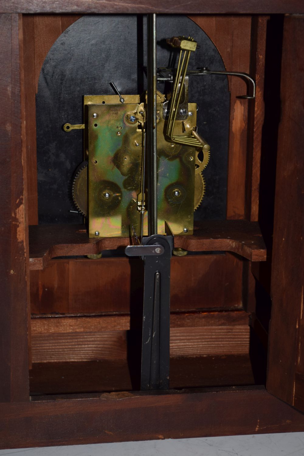 Early 20th Century mahogany and marquetry cased arch dial table clock, presentation inscription - Image 7 of 7