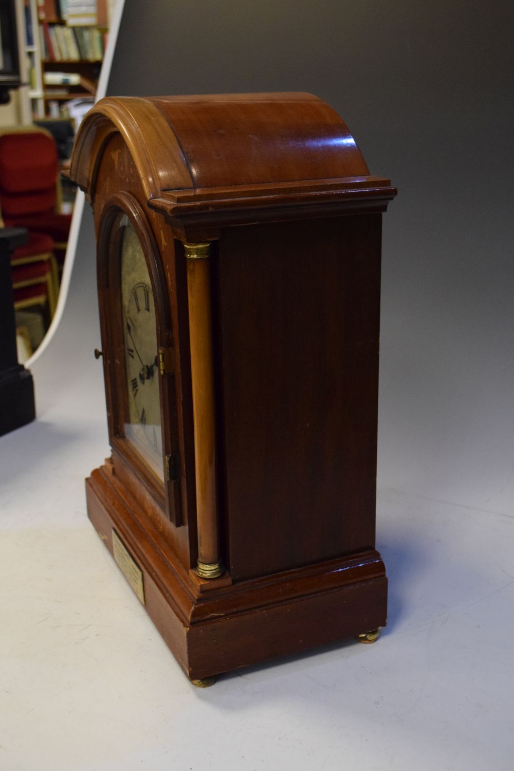 Early 20th Century mahogany and marquetry cased arch dial table clock, presentation inscription - Image 4 of 7