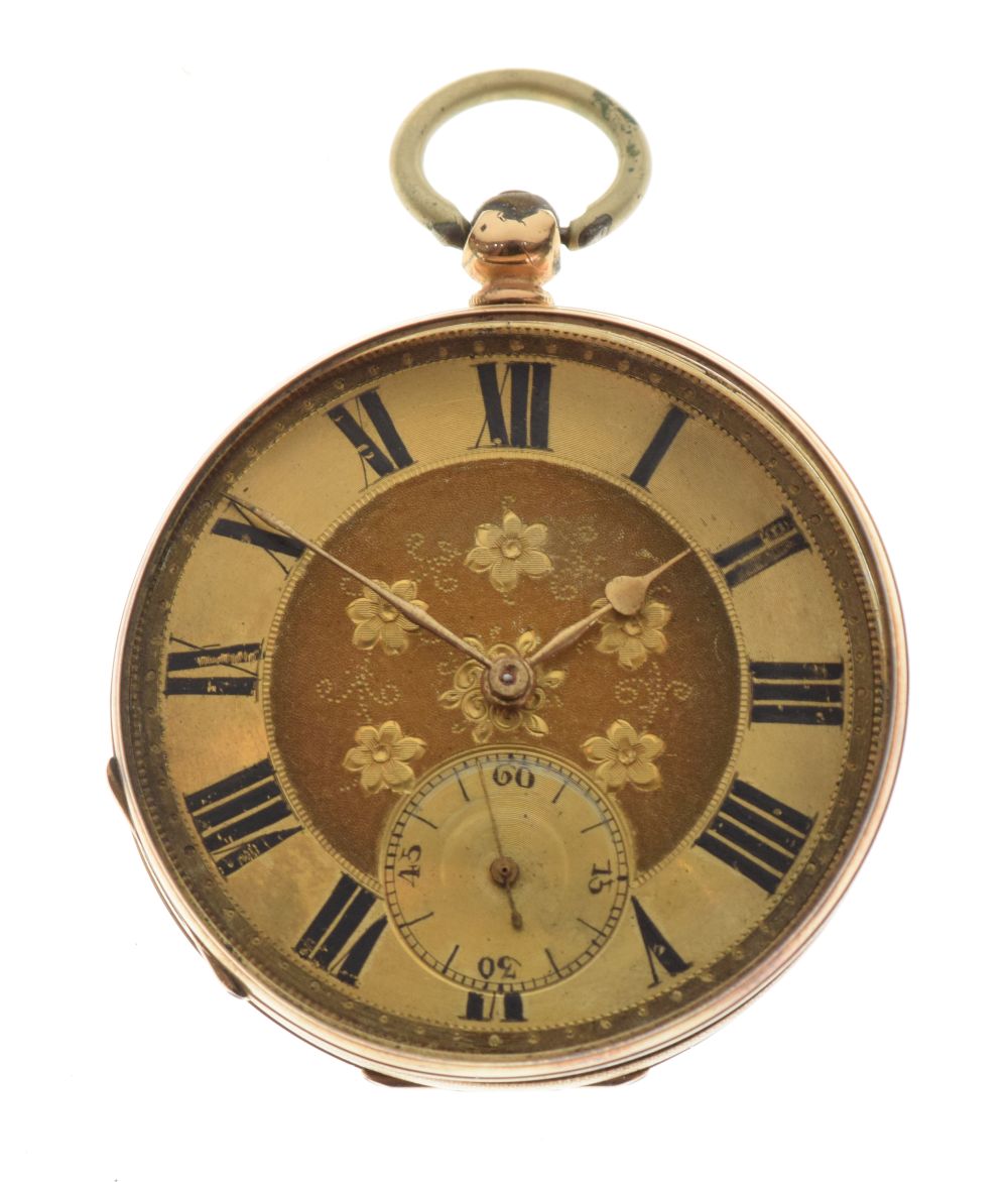 14k gent's pocket watch having gold Roman dial with subsidiary seconds dial, the rear engraved