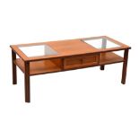 Teak rectangular two tier coffee table having two glass inset panels and frieze drawer, 122cm wide