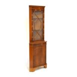 Yew finish reproduction floor standing corner display cabinet