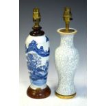 Oriental blue and white lamp base, 35cm high, together with crackle glaze example, 35cm high