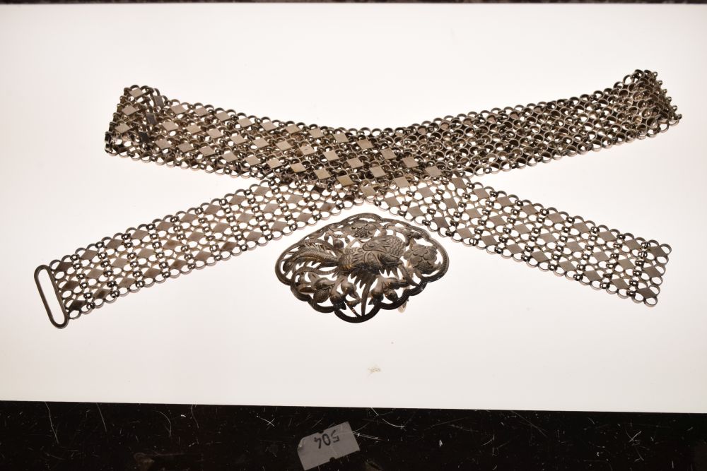 White metal Oriental filigree belt and a pheasant decorated pierced buckle, Oriental marks to both - Image 2 of 4