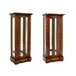 Pair of Continental marquetry style marble top cabinets, each fitted two glass shelves with mirror