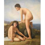 Oil on canvas - Portrait of two classical nudes, 59cm x 49cm, in an elaborate gilt frame