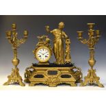 Continental gilt metal mantel clock incorporating a standing classical female figure, with a pair of