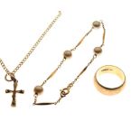 9ct gold wedding band, 9ct gold fine neck chain, crucifix pendant and a bracelet, 11.7g gross approx