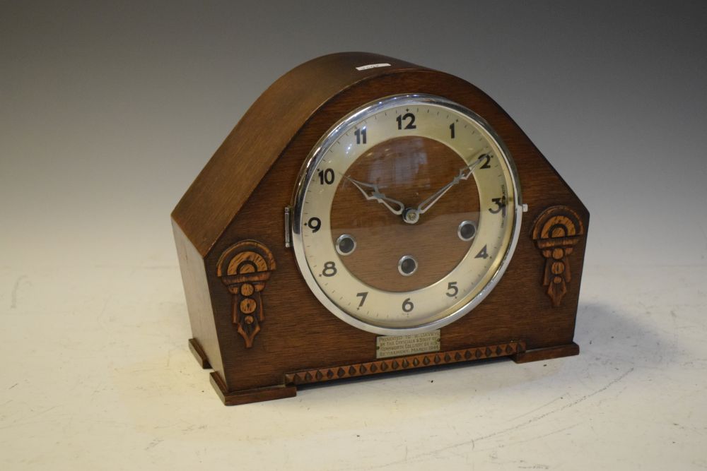 1930's period oak cased mantel clock, having striking and chiming movement, presentation