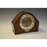 1930's period oak cased mantel clock, having striking and chiming movement, presentation