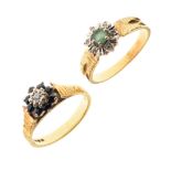 Two 18ct gold dress rings, one set diamond and sapphires, size N, the other set emerald and