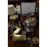 Silver plated spirit kettle and stand, various other silver plated items, antler handled fork set,