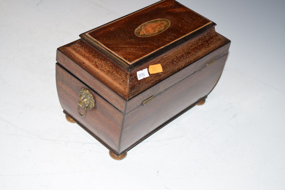 19th Century mahogany sarcophagus shaped two division tea caddy having shell inlaid hinged top on - Image 4 of 4