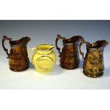 Set of three lustre jugs depicting relief dancers, 21cm high, and one other yellow ground transfer