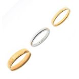 Hallmarked platinum wedding band, 4.6g size M½, 18ct gold wedding band, 5g, size T and one other