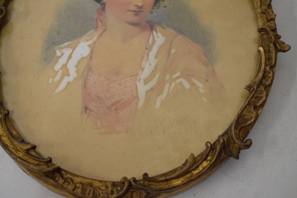 H.E. Hobson - Watercolour - Portrait of lady wearing a shawl, signed and dated 1867, in oval gilt - Image 5 of 6