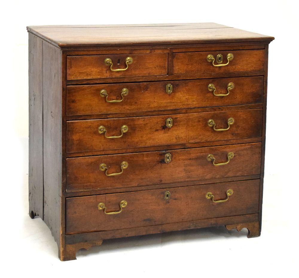 19th Century oak chest of two short over four long drawers fitted brass swan neck handles, 99cm wide