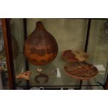 Two 'Seminaric' studio pottery plates, together with an African carved gourd vessel etc