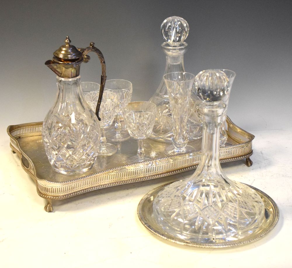 Good quality cut glass silver-plated carafe, two ships decanters, table glass and two silver-