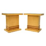 Pair of birds-eye maple veneered pedestal side tables, 60cm wide