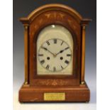 Early 20th Century mahogany and marquetry cased arch dial table clock, presentation inscription