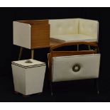 1960's period walnut and vinyl mounted suite comprising: telephone table, folding magazine rack