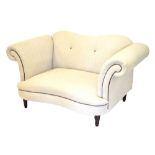 Victorian style modern two seat scroll arm settee upholstered in light grey fabric, one chequered