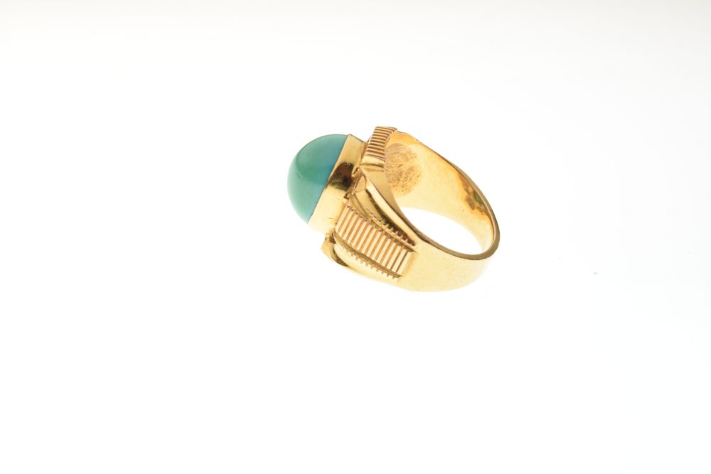 Gold coloured metal turquoise set dress ring with two indistinct stamps inside the shank, 14.8g - Image 3 of 5