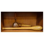 Masonic carved stonemasons mallet, carved wooden Mace with detachable head, and a throwing stick
