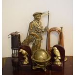 Quantity of decorative brass items and a miners lamp