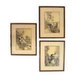 Three Japanese wood block prints, all depicting birds amongst foliage, 18.5cm x 29cm, all framed and