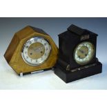 Victorian slate and marble mantel clock, 25.5cm high, and an Art Deco walnut cased mantel clock