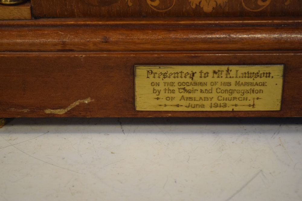 Early 20th Century mahogany and marquetry cased arch dial table clock, presentation inscription - Image 2 of 7