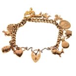 9ct gold curb link bracelet with various hallmarked charms stamped 9ct, 33.6g gross approx