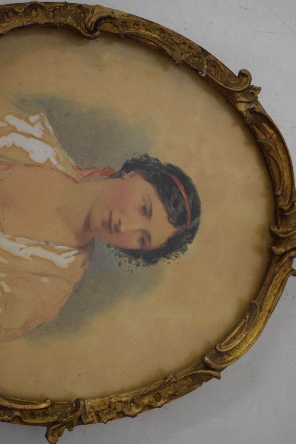 H.E. Hobson - Watercolour - Portrait of lady wearing a shawl, signed and dated 1867, in oval gilt - Image 3 of 6