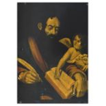 19th Century reverse glass print - St Matthew, 35cm x 25cm, in a rosewood frame