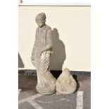 Composite stone maiden, 99cm tall and a small Buddha