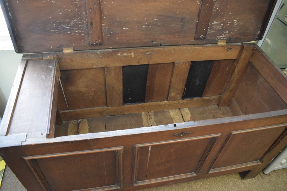 18th Century oak coffer having triple fielded panel front and hinged cover, 135cm wide - Image 3 of 5
