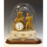 Continental gilt metal and alabaster mantel clock with lute player beneath a glass dome, overall