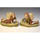 Pair of Royal Dux figures of children with baskets on the their back, applied pink triangle mark